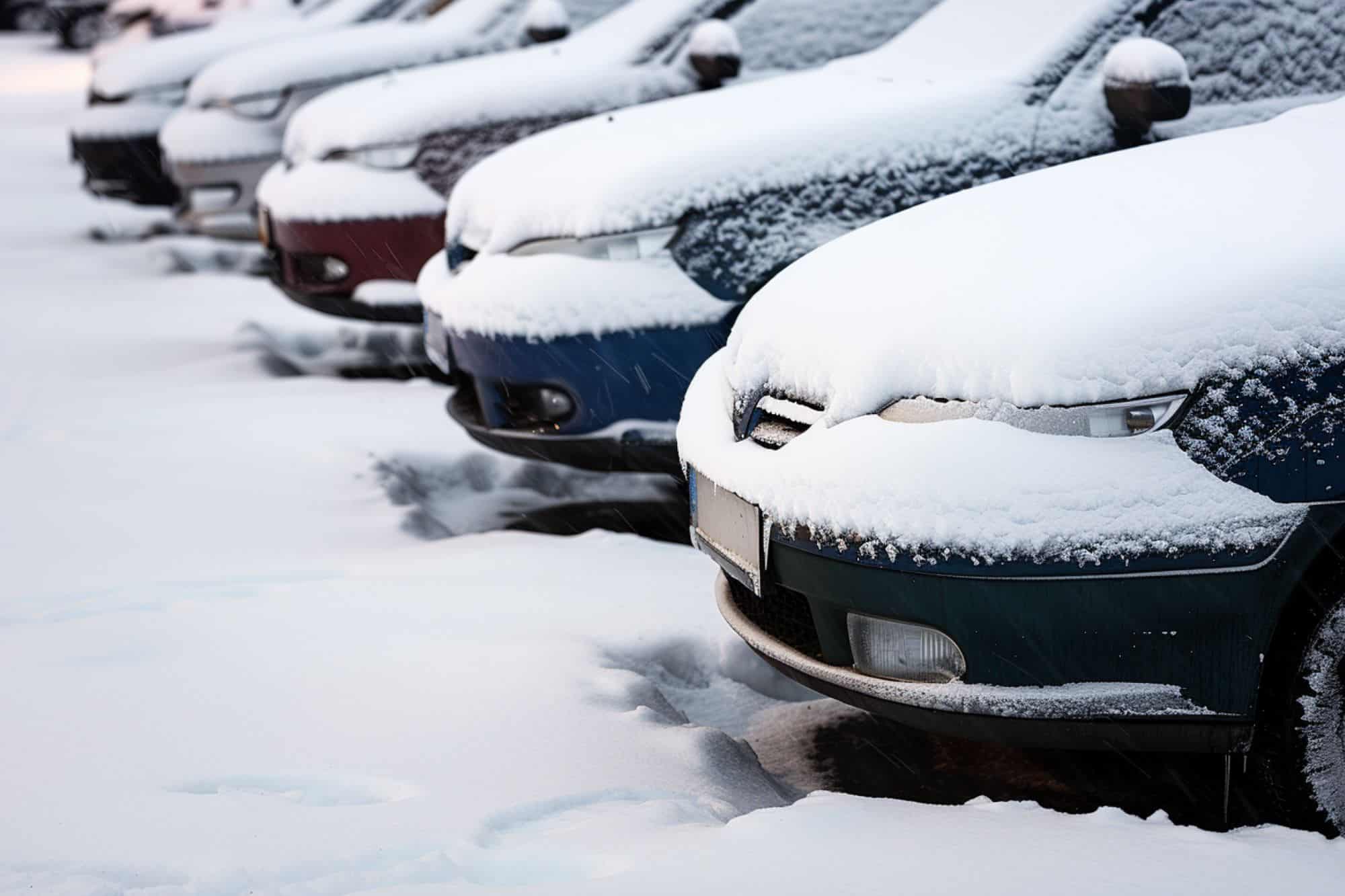a row of cars covered in snow